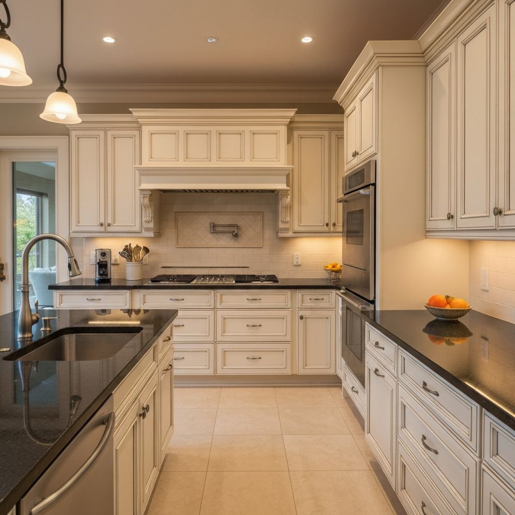 Luxurious kitchen with dark granite countertops