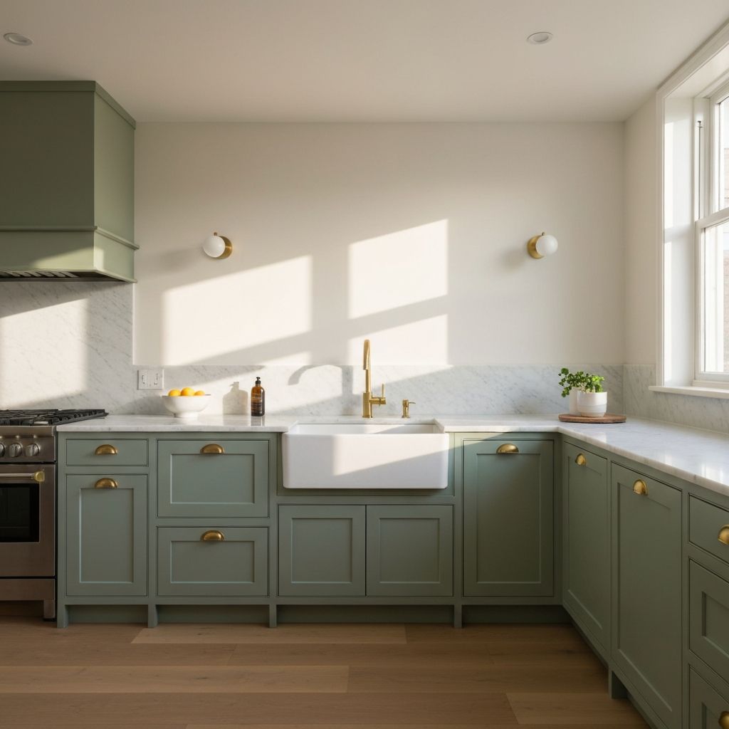 Beautiful modern kitchen with sage green cabinets and marble countertops